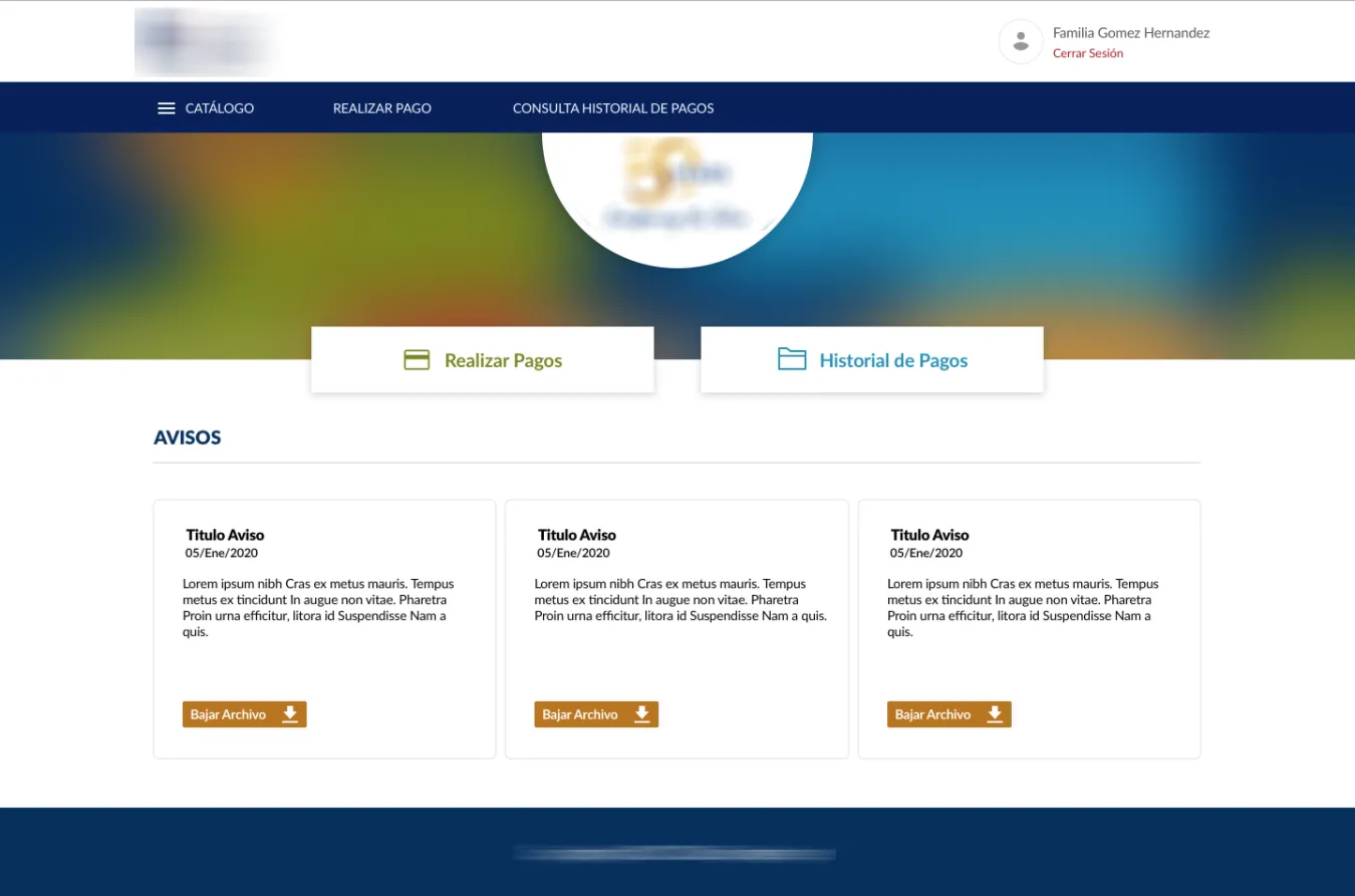 Home page. Has a listing of announcements for any users of the platform, appart from a list of relevant links to navigate the site.