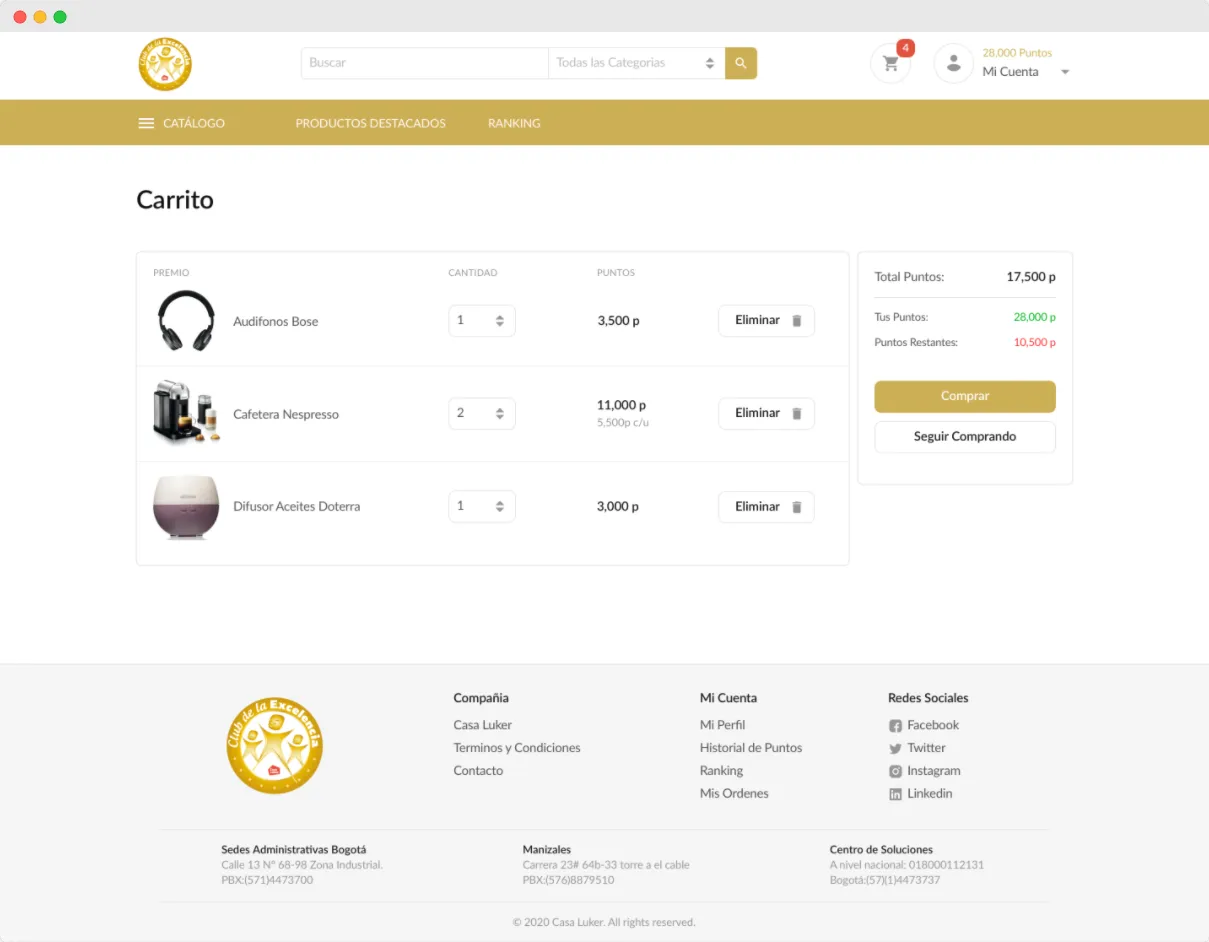 Cart page. It has a list of all the products a user has added to their cart and a small card with the user's points.